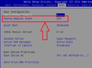 Включение функции Bootup num lock в BIOS