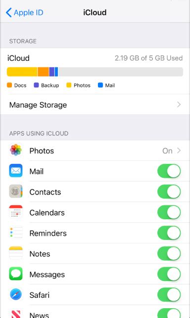 Включение функции iCloud на устройстве