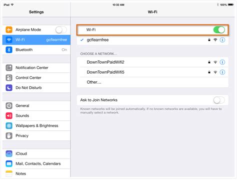 Включение Wi-Fi на iPad