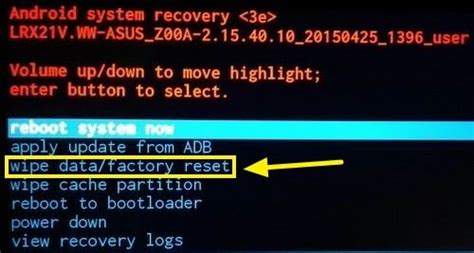 Выбор опции «Wipe data/factory reset» в меню Recovery Mode