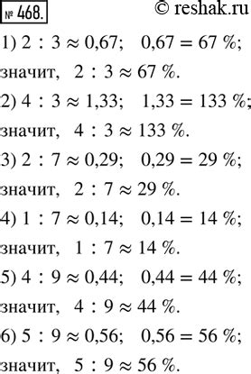 Значение процентного отношения при данных значениях