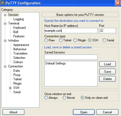 Конфигурация PuTTY: основные настройки