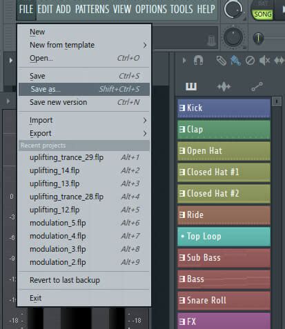 Процесс сохранения проекта в FL Studio
