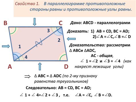 Третье свойство: противоположные углы равны