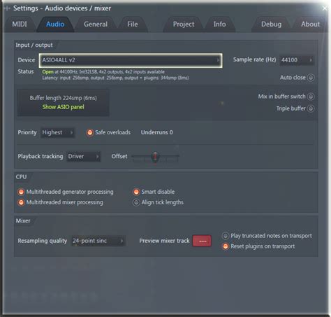 Установка буфера ASIO в настройках FL Studio 20